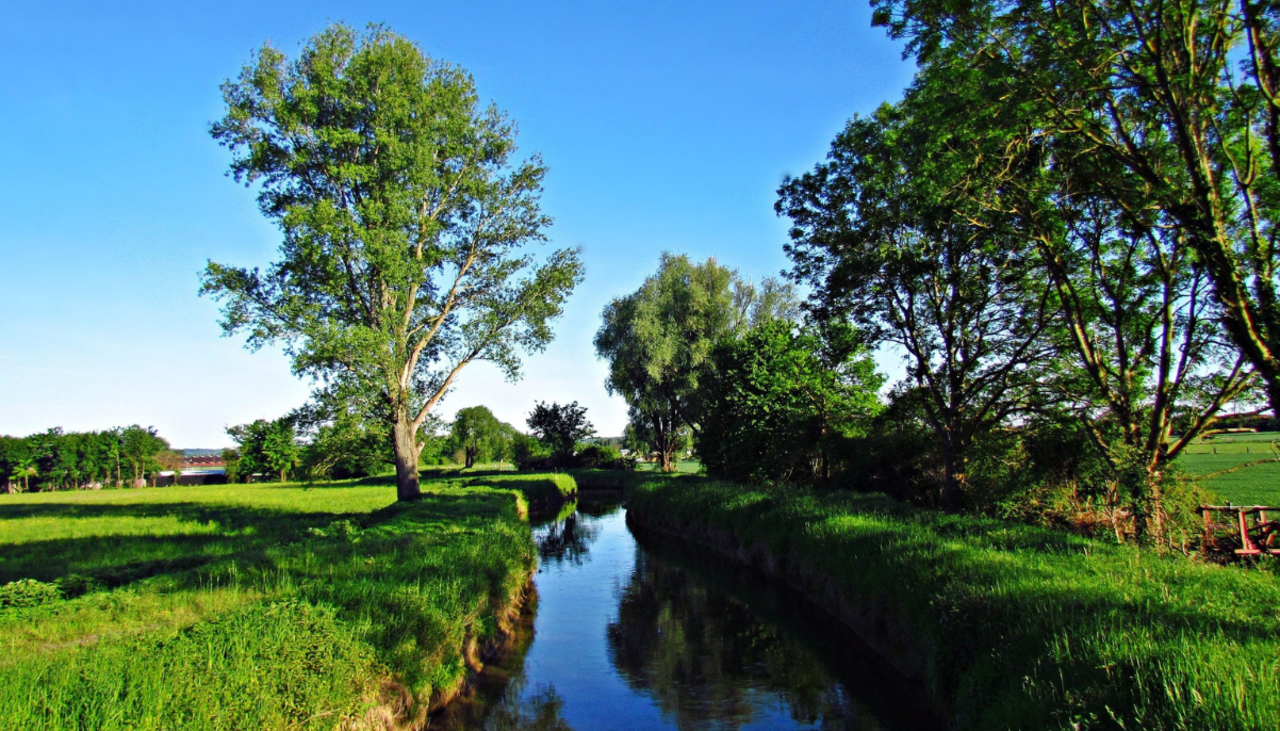 Ein Flusslauf fließt durch eine Landschaft 
